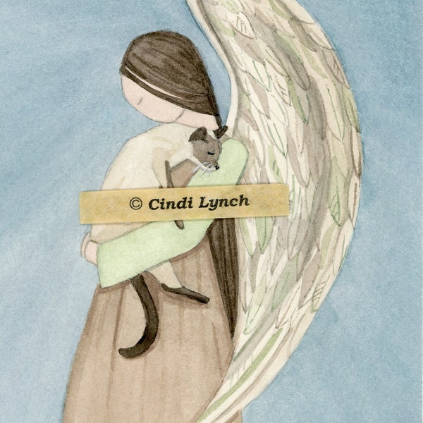 LARGE Siamese cat cradled by angel / Lynch signed folk art print
