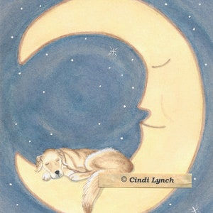 Golden retriever sleeping on the moon / Lynch signed folk art print