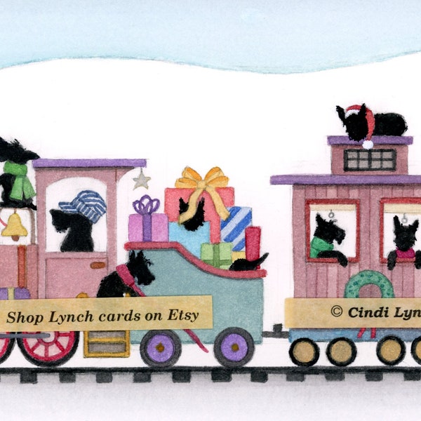 Christmas cards: Scottish terrier (scottie) family heading home on holiday train / Lynch folk art