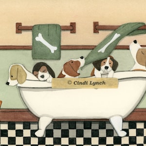 Beagles fill tub at bath time / Lynch signed folk art print