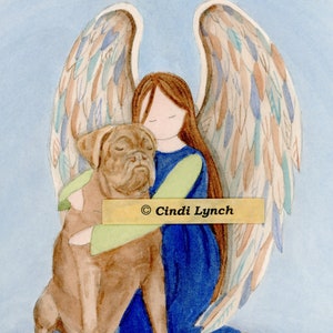 French mastiff (dogue de Bordeaux) with angel / Lynch signed folk art print Pet Loss Memorial Remembrance Guardian Angel Gift