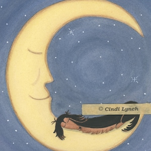 Perro salchicha de pelo largo negro y fuego (doxie) durmiendo en la luna / Impresión de arte popular firmada por Lynch