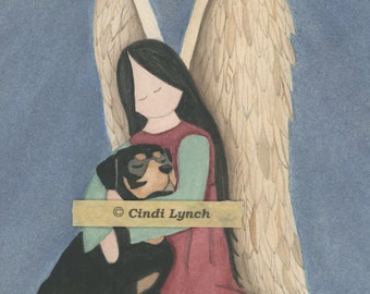 Rottweiler (rotti) with angel / Lynch signed folk art print Pet Loss Memorial Remembrance Guardian Angel Gift