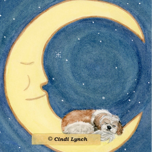 Brown and white shih-tzu (shihtzu) sleeping on the moon / Lynch signed folk art print
