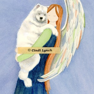 Samoyed cradled by angel / Lynch signed folk art print