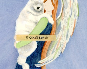 Samoyed cradled by angel / Lynch signed folk art print