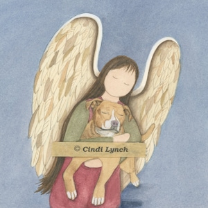 Pit bull (pitbull) comforted by angel / Lynch signed folk art print Pet Loss Memorial Remembrance Guardian Angel Gift
