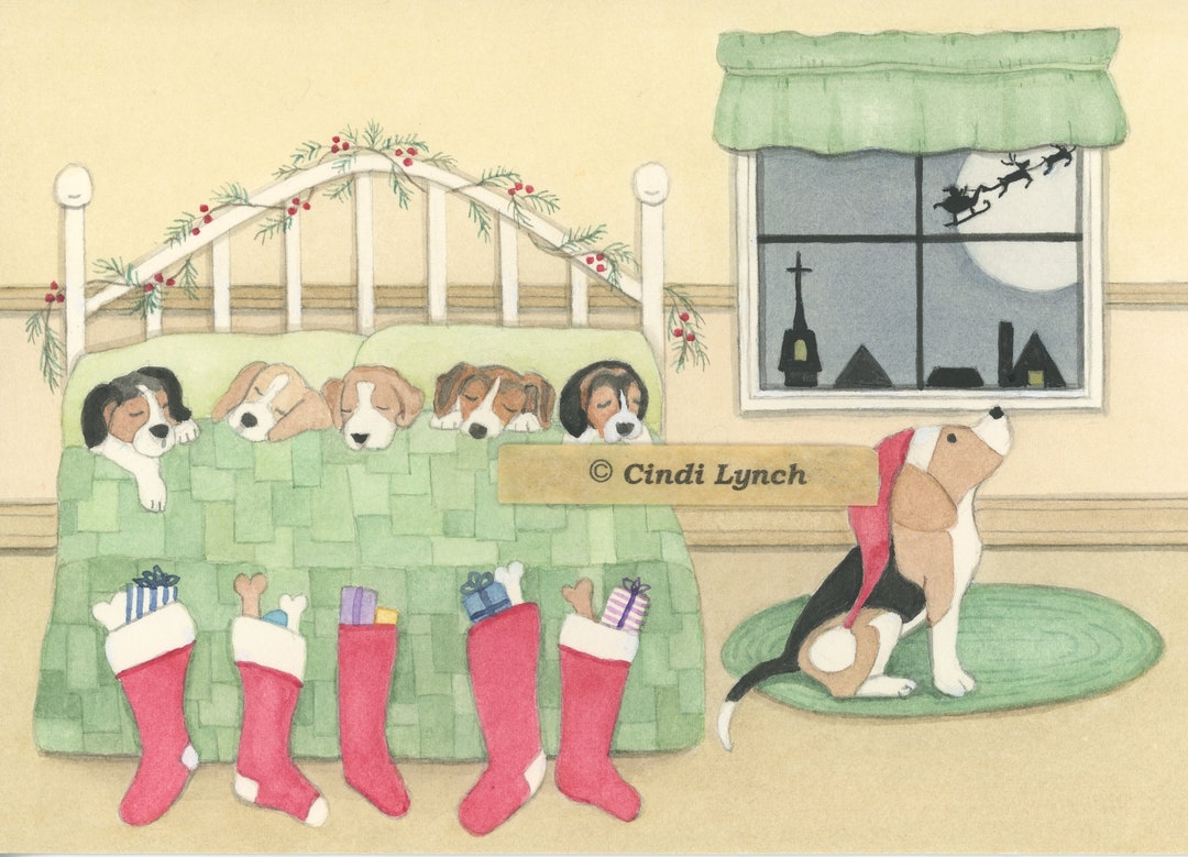 12 Christmas Cards Beagle Family All Tucked in for Christmas Eve