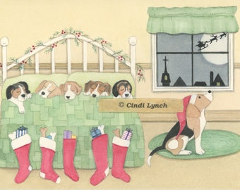 12 Christmas cards: Beagle family all tucked in for Christmas Eve / Lynch folk art