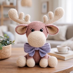 Peut inclure: Un jouet en forme d'élan crocheté, aux couleurs rose et beige, avec un nœud papillon lavande. Le jouet a de grands bois et des yeux noirs. Il est assis sur une table en bois. C'est un article doux et moelleux.