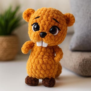 Pode incluir: Um brinquedo de castor de pelúcia feito à mão em tons de laranja e marrom. O castor tem olhos grandes e expressivos, dentes brancos e braços pequenos. O brinquedo é feito de um material macio e texturizado e provavelmente é feito de crochê ou tricô. Um bicho de pelúcia fofo e fofinho.