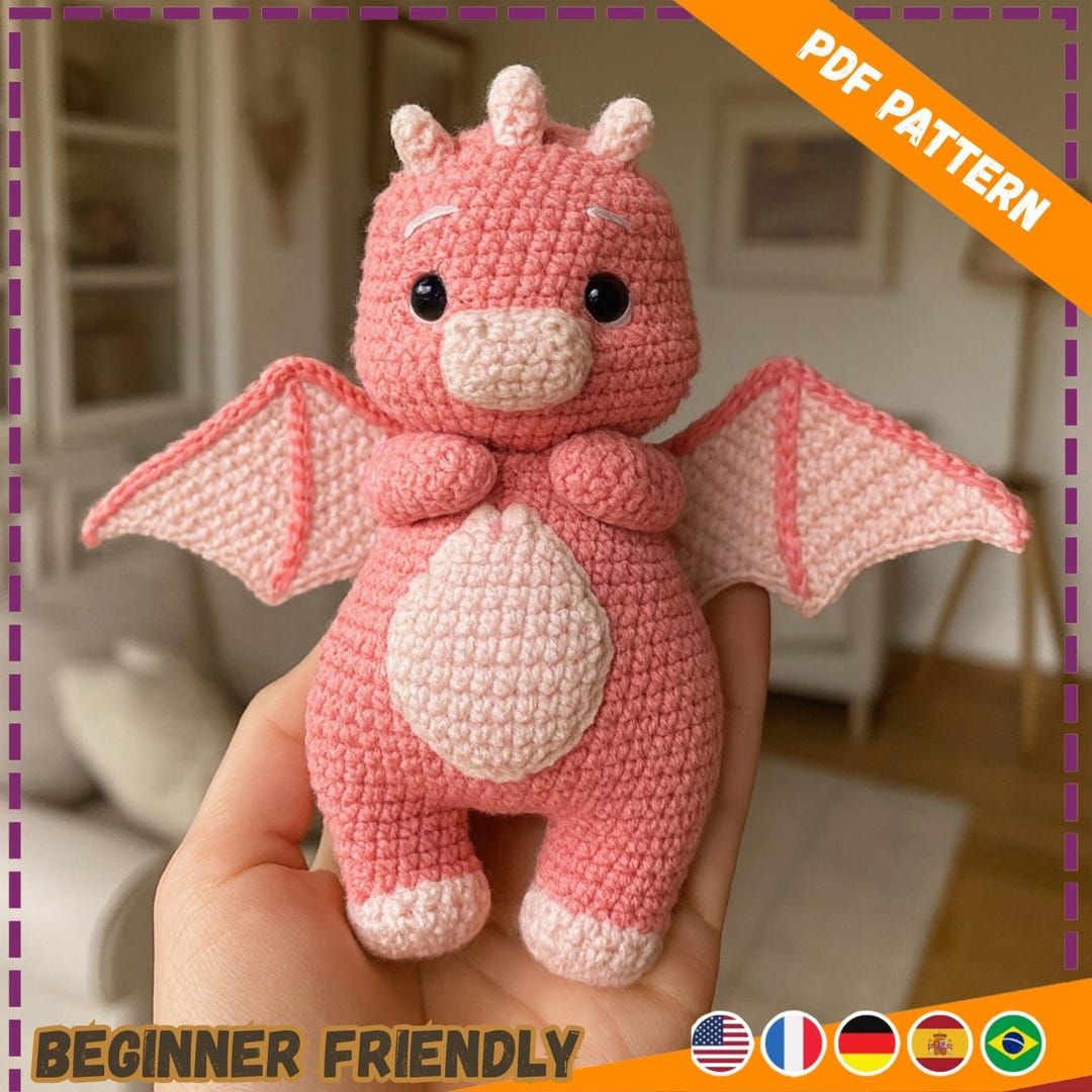 かぎ針編みのあみぐるみ「ピンクドラゴン」のパターン：初心者向け