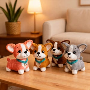 May include: Four crocheted corgi dog figurines in shades of pink, orange, brown, and gray, each with white accents, large ears, and a teal collar with a heart pendant. They are displayed on a wooden table.