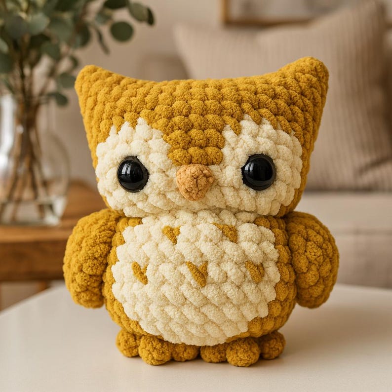 May include: A handmade, plush owl toy in shades of mustard yellow and cream. The owl has large, black button eyes and a small, tan beak. The body is a mix of yellow and cream, with a textured, knitted appearance. A charming, decorative item.