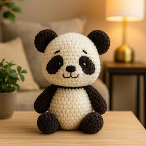 May include: A handmade crochet panda bear with a cream-colored body and black accents on the ears, eyes, arms, and legs. The panda has a smiling face and is sitting upright. This soft toy is perfect for a child's room or as a decorative item.