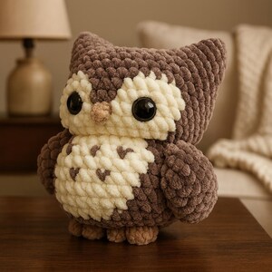 May include: A handmade crochet owl in shades of brown and cream. The owl has large black eyes, a small beige beak, and a textured, plush appearance. The owl is sitting on a wooden surface.