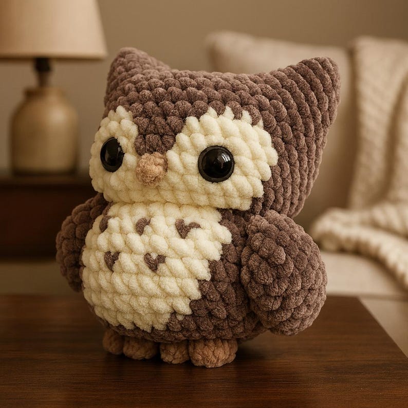 May include: A handmade crochet owl in shades of brown and cream. The owl has large black eyes, a small beige beak, and a textured, plush appearance. The owl is sitting on a wooden surface.