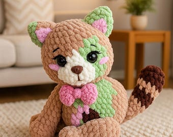 Plush Cat Amigurumi Pattern • Velvet Crochet Kitty PDF • Cute Stuffed Animal with Bow Tutorial