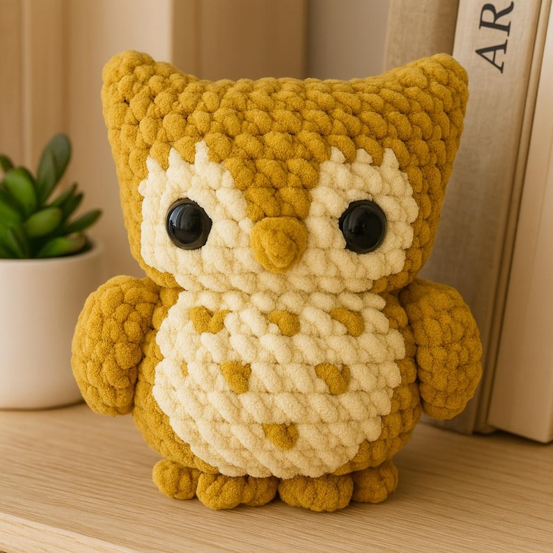 May include: A handmade, plush owl toy in shades of yellow and cream. The owl has large, black button eyes and a cream-colored chest with yellow heart-shaped accents. The soft, textured yarn gives the owl a cuddly appearance. A decorative item.
