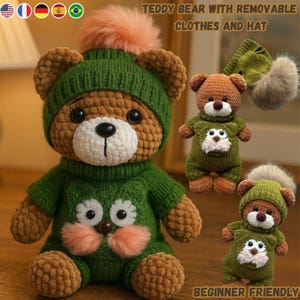 Può includere: Orsetto di peluche all'uncinetto con maglione verde rimovibile, cappello e pompon color pesca. L'orso ha la pelliccia marrone, il muso bianco e il naso nero. Il testo recita "TEDDY BEAR WITH REMOVABLE CLOTHES AND HAT" e "BEGINNER FRIENDLY".