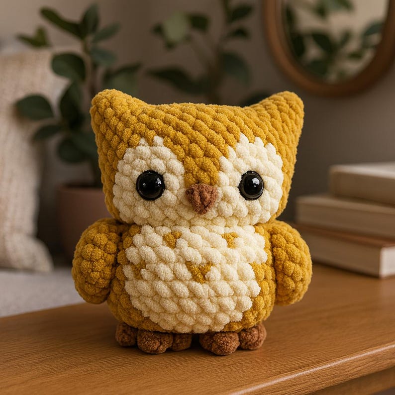 May include: A handmade, plush owl toy in shades of yellow and cream. The owl has large, black eyes, a small brown beak, and textured, rounded features. The toy is designed to stand upright and is likely a decorative item.