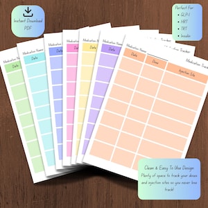 May include: A set of seven printable medication tracker sheets in pastel colours including green, blue, purple, pink, yellow, and peach. Each sheet features columns labelled Medication Name, Date, Dose, and Injection Site with blank rows.