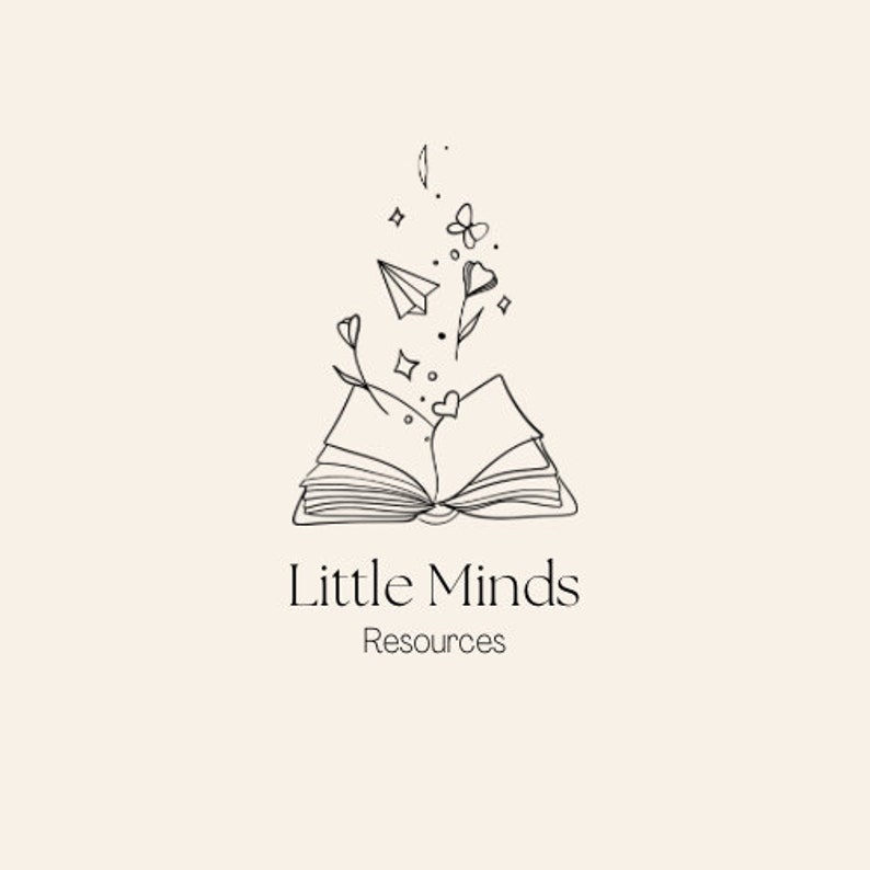 May include: Black and white line drawing of an open book with flowers and a paper airplane rising from the pages. The text "Little Minds Resources" is below the book.