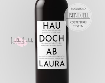 Può includere: Una bottiglia di vino nera con un'etichetta bianca con testo in tedesco. L'etichetta include le parole "HAU", "DOCH", "AB" e "LAURA". Una grafica circolare sul lato destro dice "DOWNLOAD", "INDIVIDUELL" e "KOSTENFREI TESTEN".