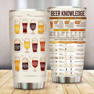 Beer Knowledge Tumbler Gift for Beer Lovers, Custom Name Tumbler for Men, Beer Travel Mug, 20 Oz. Stainless Steel, Beer Lover Tumbler Gift