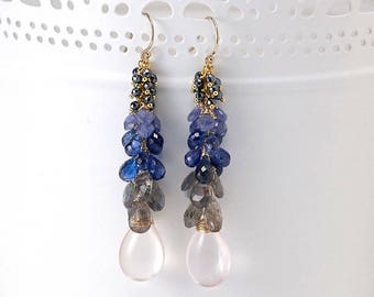 Rose Quartz earrings - Rose Quartz dangle Earrings clusters of Hematite, Tanzanite, Kyanite and Labradorite gemstones in gold, Gift for Her