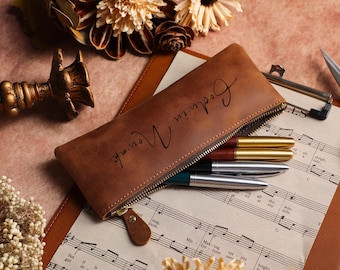 Personalized Pencil Case,Handmade Leather Pen Holder,Custom Pen Sleeve,Zip Pencil Pouch,Stationery Organizer,Makeup Bag,Teacher,Student Gift