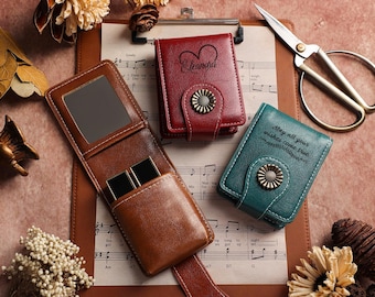 Neceser de piel personalizado, estuche pequeño con espejo, espejo de viaje grabado, estuche para pintalabios, regalos para ella, regalos para damas de honor