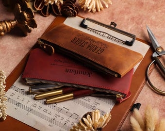 Personalized Pencil Case,Handmade Leather Pen Holder,Custom Pen Sleeve,Zip Pencil Pouch,Stationery Organizer,Makeup Bag,Teacher,Student Gift