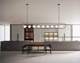 XL Black Linear Pendant Light for Kitchen Island, Globe Chandelier Lighting Multi Dinner Table,Custom Made Ellipse Shape, Height Adjustable