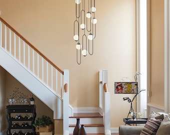 Custom Made Multi Light Pendant, Staircase - Stairwell Pendant Light, Modern Globe Pendant Light for  Stairs, Ellipse Lampshade Black - Gold