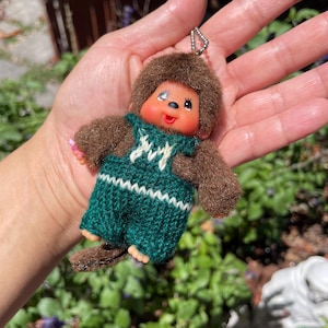 Monchhichi Green Knitted Overall Boy Rare keychain Vintage