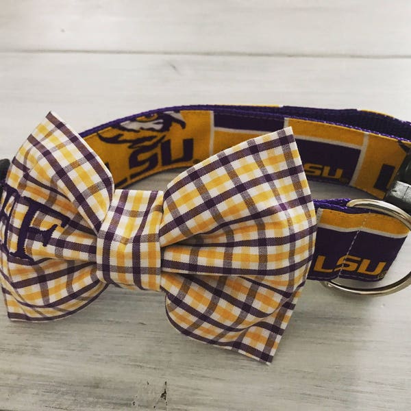 Preppy LSU Tigers Football Dog Bowtie Collar - Small & Large Sizes All Breeds - Preppy Dog Collar - Dog Bow Tie - Dog Wedding Collar