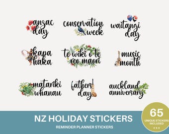 May include: A collection of planner stickers featuring black cursive text for New Zealand holidays and events, including Anzac Day, Conservation Week, Waitangi Day, Kapa Haka, Te Wiki o Te Reo Maori, Music Month, Matariki Whanau, Fathers Day, and Auckland Anniversary.