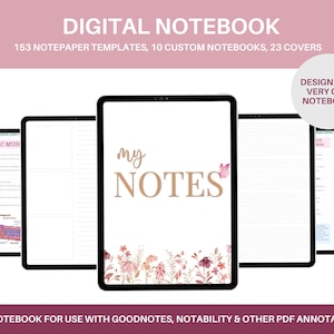 Könnte beinhalten: Ein Mockup einer digitalen Notizbuch-App mit einem rosa-weißen Blumenmuster. Der Text "my NOTES" wird in goldener Schrift angezeigt. Die App ist kompatibel mit Goodnotes, Notability und anderen PDF-Anmerkungs-Apps.