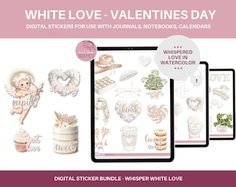 May include: A digital sticker bundle with a watercolor theme. The stickers feature illustrations of hearts, flowers, cakes, and a cupid. The text "Whispered Love in Watercolor" is included in the image.
