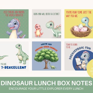 Op de afbeelding: Een set lunchboxbriefjes met dinosaurus-thema, bestaande uit zes vierkante kaarten met kleurrijke illustraties van cartoon-dinosaurussen en motiverende teksten zoals Keep Smiling, Being Kind, You're Roar-some en Prehistoric Fun.