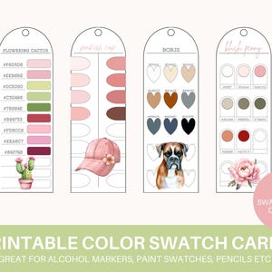 May include: Printable color swatch cards with 13 designs. Each card features a color palette with hex codes. Designs include a flowering cactus, a pink cap, a boxer dog, and a blush peony. The cards are great for alcohol markers, paint swatches, and pencils.