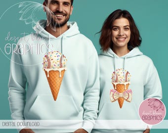 Könnte beinhalten: Zwei hellblaue Hoodies mit einem Baseball-Eiswaffel-Motiv. Die Eiswaffel ist mit weißem Eis, Streuseln und einem Baseball belegt. Ein Hoodie hat eine rosafarbene Schleife auf der Eiswaffel. Der Text "desert bloom graphics" befindet sich am unteren Rand des Bildes.
