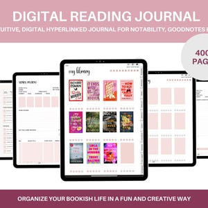 May include: A digital reading journal for iPad apps like GoodNotes and Notability. The journal has over 400 pages and includes sections for a book library, series reading, and reading logs. The journal is designed to help you organize your bookish life in a fun and creative way.