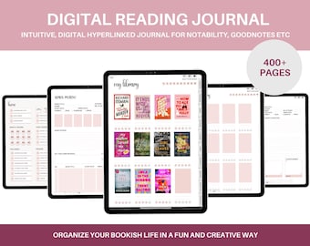 Diario de lectura digital y registro de libros / Agenda para iPad con Goodnotes, seguimiento de series, páginas de reseñas y estantería digital.