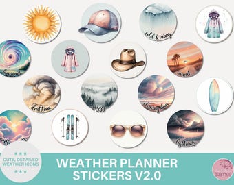 May include: A collection of circular stickers featuring weather-themed illustrations including a sun, baseball cap, rain cloud with text, raincoat, hurricane, cowboy hat, sunset, duststorm, fog, clearing skies, surfboard, clouds, skis, sunglasses, and lightning.