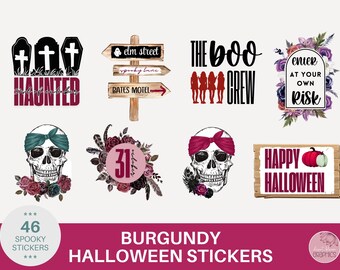 Burgundy Witchy Halloween Sticker Set | Digital Planner Clipart PNG GoodNotes Notability Download