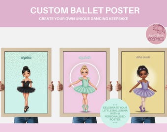 May include: Three framed custom ballet posters featuring illustrations of ballerinas in different colored tutus. The posters are held by hands and have names above the ballerinas. The text "CUSTOM BALLET POSTER" is at the top.