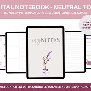 Puede incluir: Un cuaderno digital en tonos neutros, con 153 plantillas de papel para notas, 10 cuadernos personalizados y 38 cubiertas. El cuaderno está diseñado para usarse con Goodnotes, Notability y otras aplicaciones de anotación PDF. La imagen muestra una página de muestra con un diseño floral y el texto "MyNOTES".