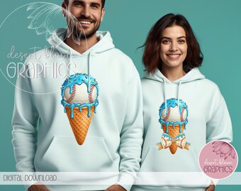 Könnte beinhalten: Zwei hellblaue Kapuzenpullover mit einem Aufdruck eines Baseball-Eisbechers. Das Eis ist blau mit weißen Streuseln und einem Baseball oben drauf. Der Waffelbecher ist braun und hat eine weiße Schleife. Der Text "desert bloom graphics" befindet sich unten im Bild.